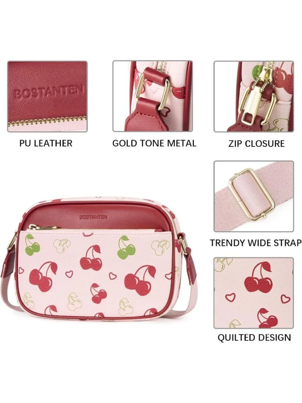 Women's Cherry Leather Crossbody Purses Shoulder Handbags with Wide Strap